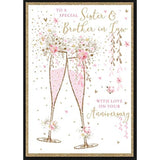 Sister & Brother-in-Law Anniversary Card (NQ-DS588) - Tall Champagne Flutes - Pink & Gold Fizz & Flowers - from The Pizazz Range - Foiled & Flittered Finish
