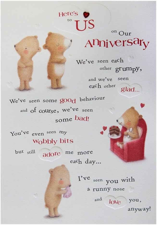 Hallmark anniversary greeting card with "Here's to Us" embossed design, featuring elegant floral accents for special celebrations.