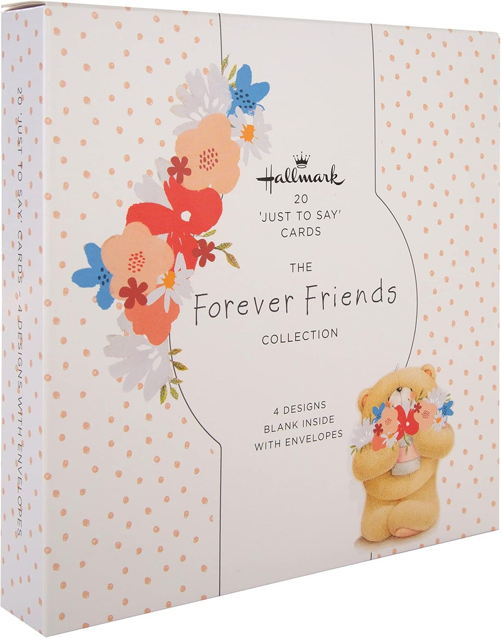 Hallmark Forever Friends assorted greeting card pack featuring 20 blank cards in 4 cheerful designs for special occasions.