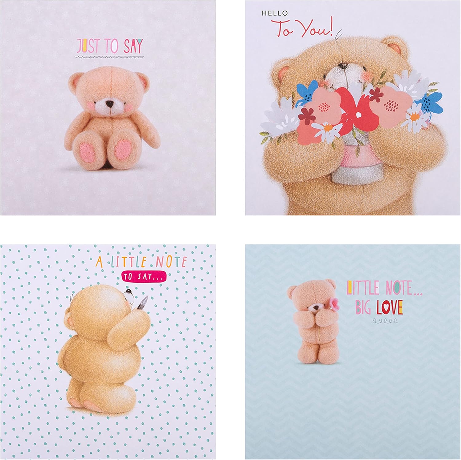 Hallmark Forever Friends assorted greeting card multipack with 20 blank cards in four cute designs, ideal for various occasions.