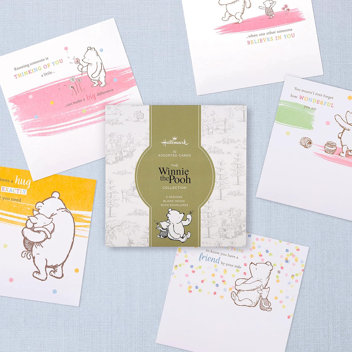Assorted Hallmark Disney Winnie the Pooh greeting card multipack with 10 colorful cards featuring Pooh and friends.