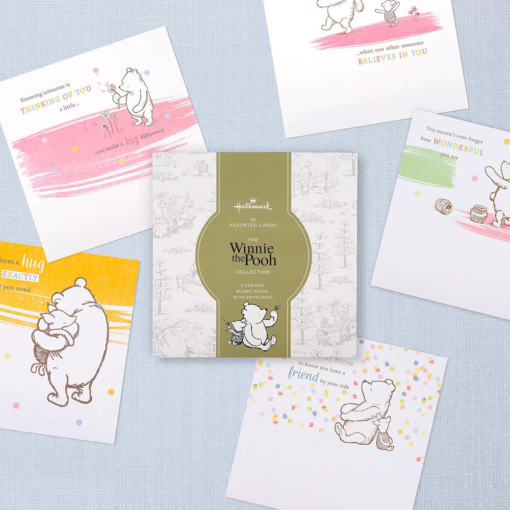 Assorted Hallmark Disney Winnie the Pooh greeting card multipack with 10 colorful cards featuring Pooh and friends.