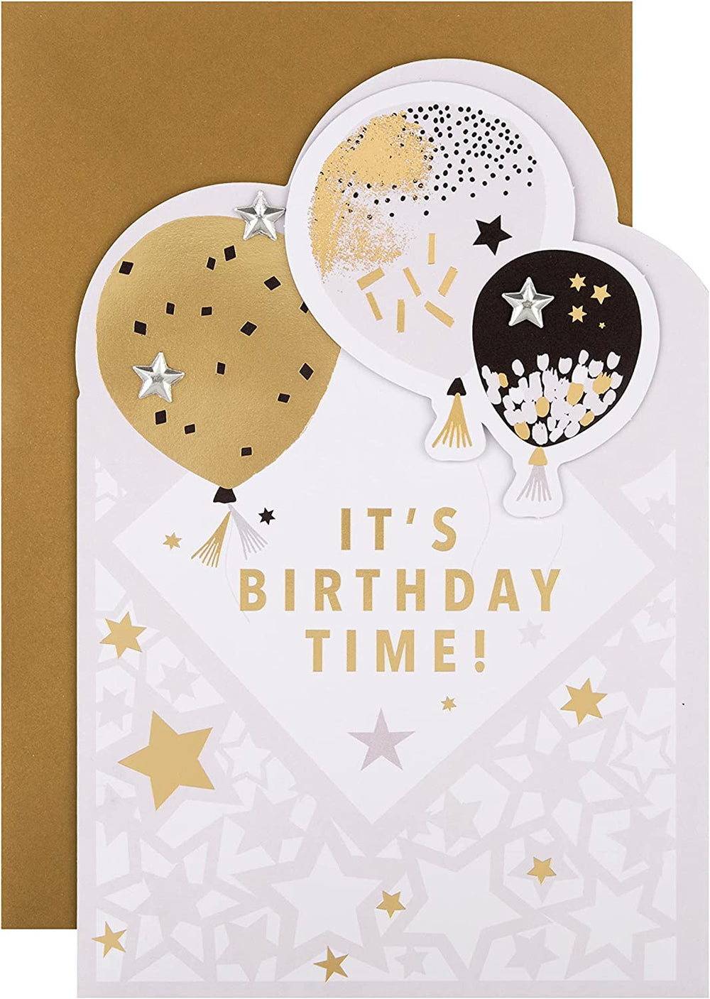 Hallmark birthday card with die-cut metallic balloons design, featuring vibrant colors and festive details for special celebrations.
