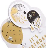 Hallmark birthday card featuring die-cut metallic balloons design with colorful balloon illustrations on the front.