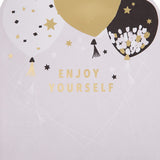 Hallmark birthday card featuring die-cut metallic balloons design with colorful, festive decorations and cheerful message.