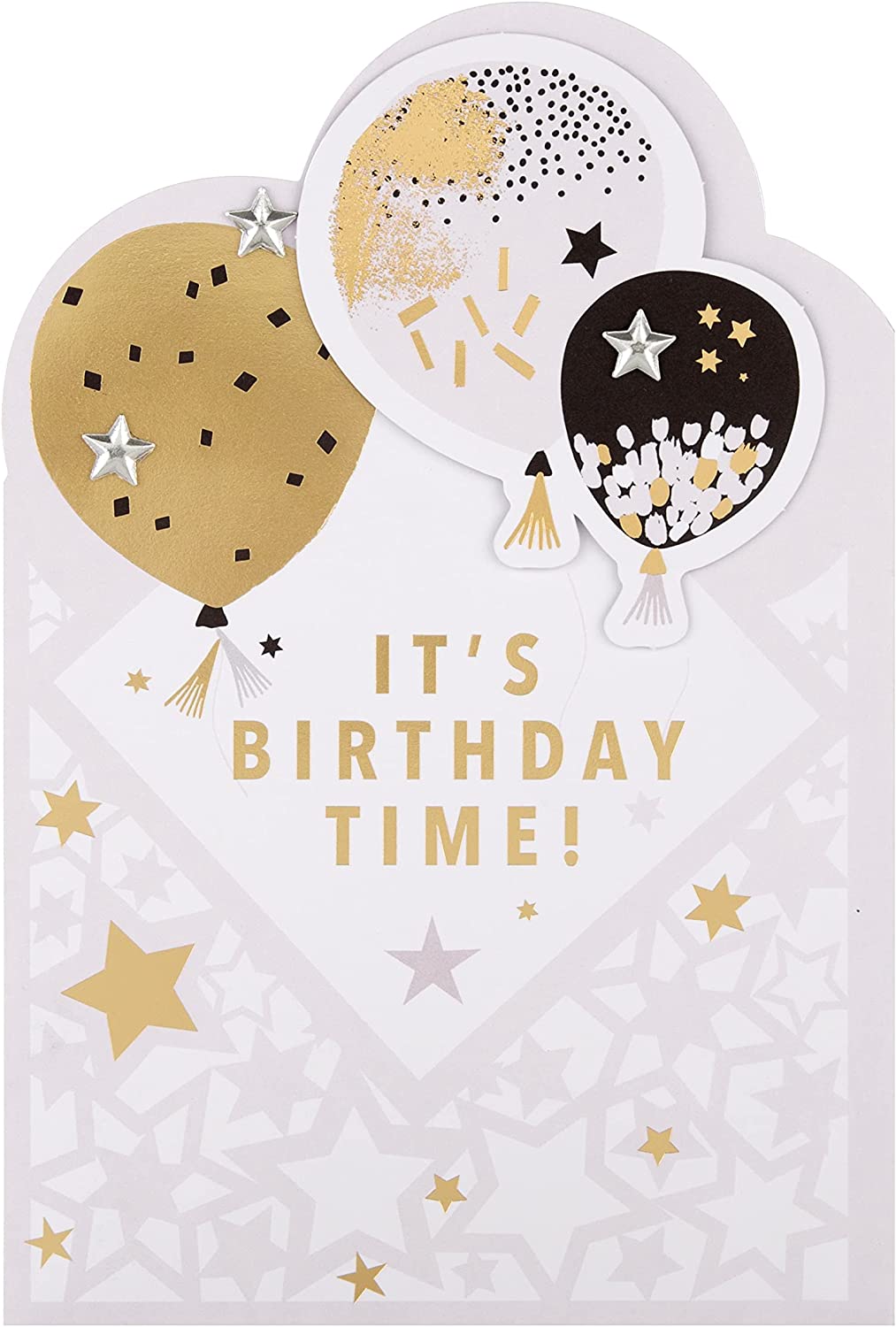 Hallmark birthday card with die-cut metallic balloons design, featuring colorful illustrations perfect for celebrating birthdays