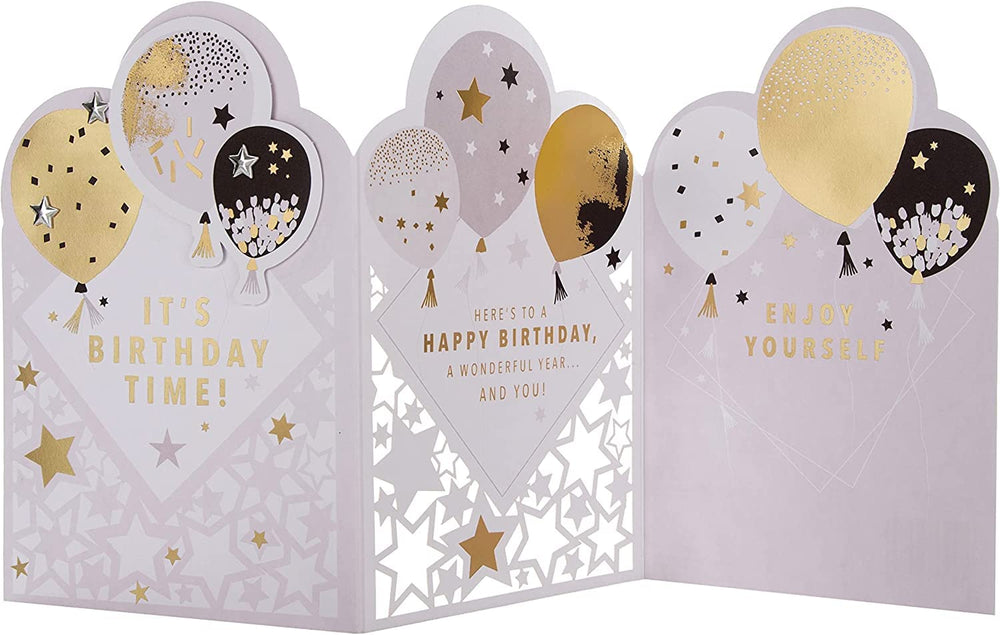 Hallmark birthday card with die-cut metallic balloons design, featuring colorful balloon illustrations and festive details.