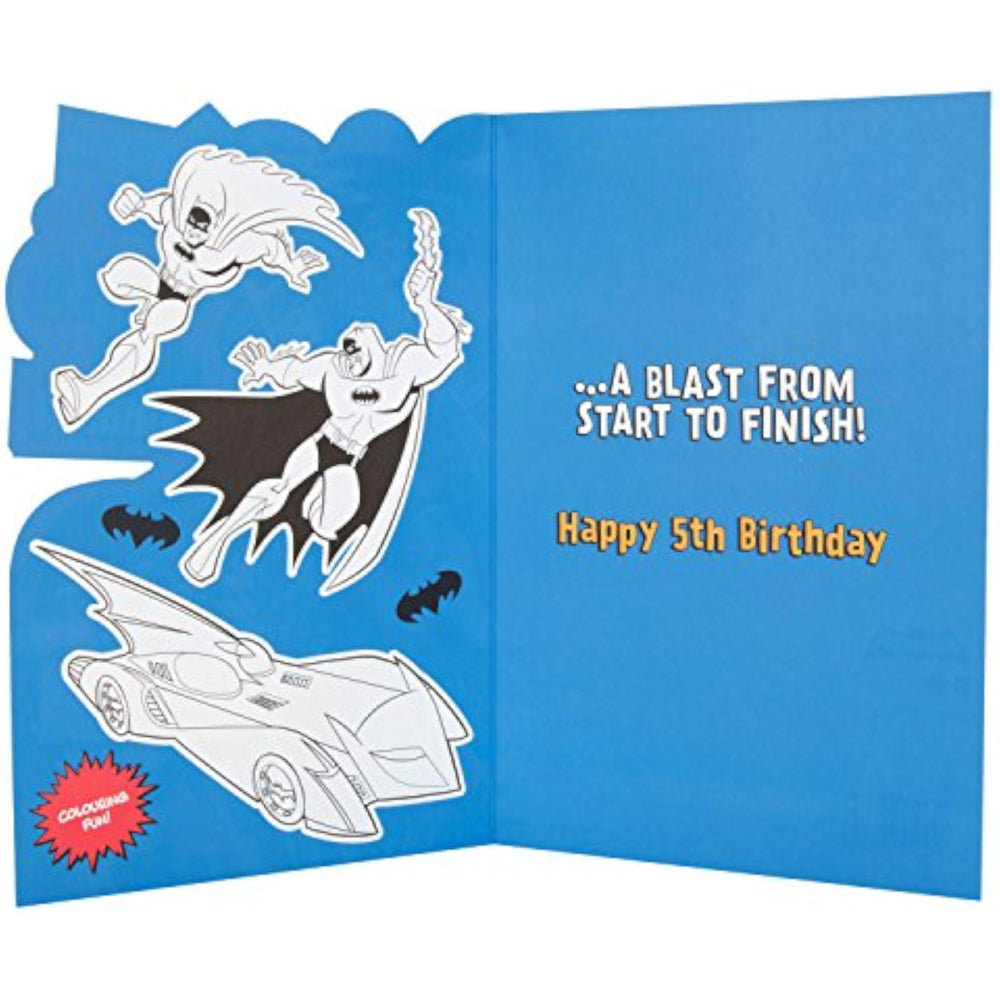 Hallmark DC Comics Batman Batmobile birthday card featuring a colorful illustration of the Batmobile for a 5th birthday celebration.