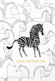 Hallmark birthday card featuring a contemporary zebra design with colorful accents and festive birthday message.