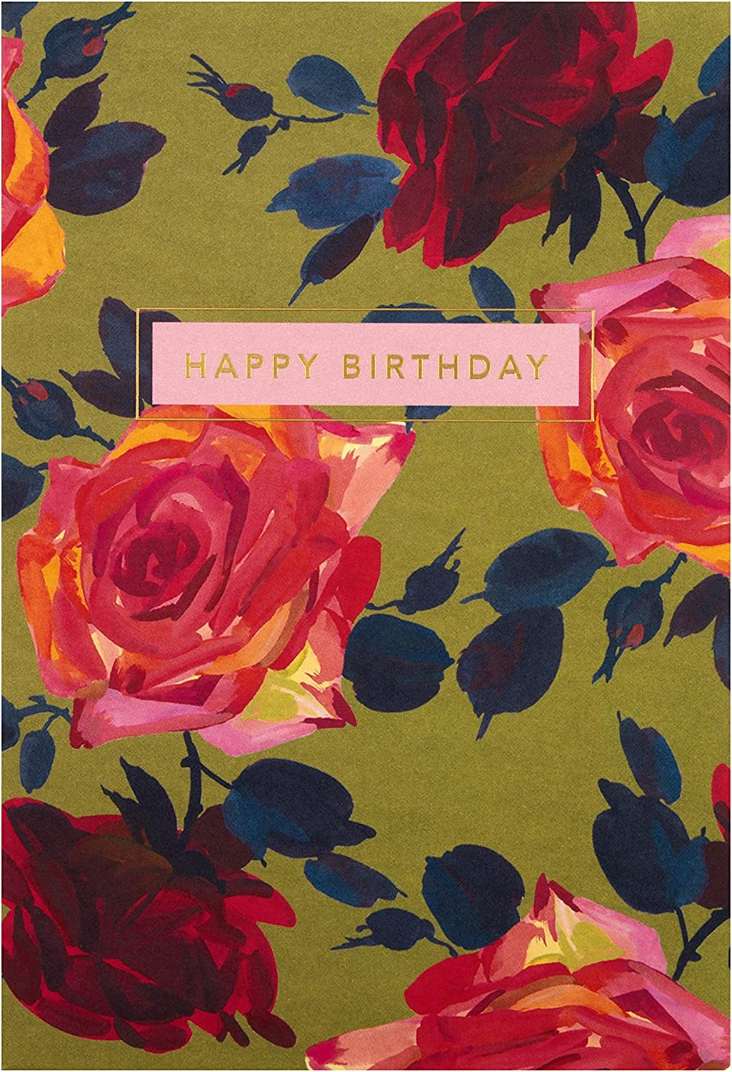 Hallmark birthday card featuring a red floral design and the message "Happy Birthday" on the front.