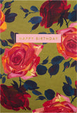Hallmark birthday card featuring a red floral design and the message "Happy Birthday" on the front.