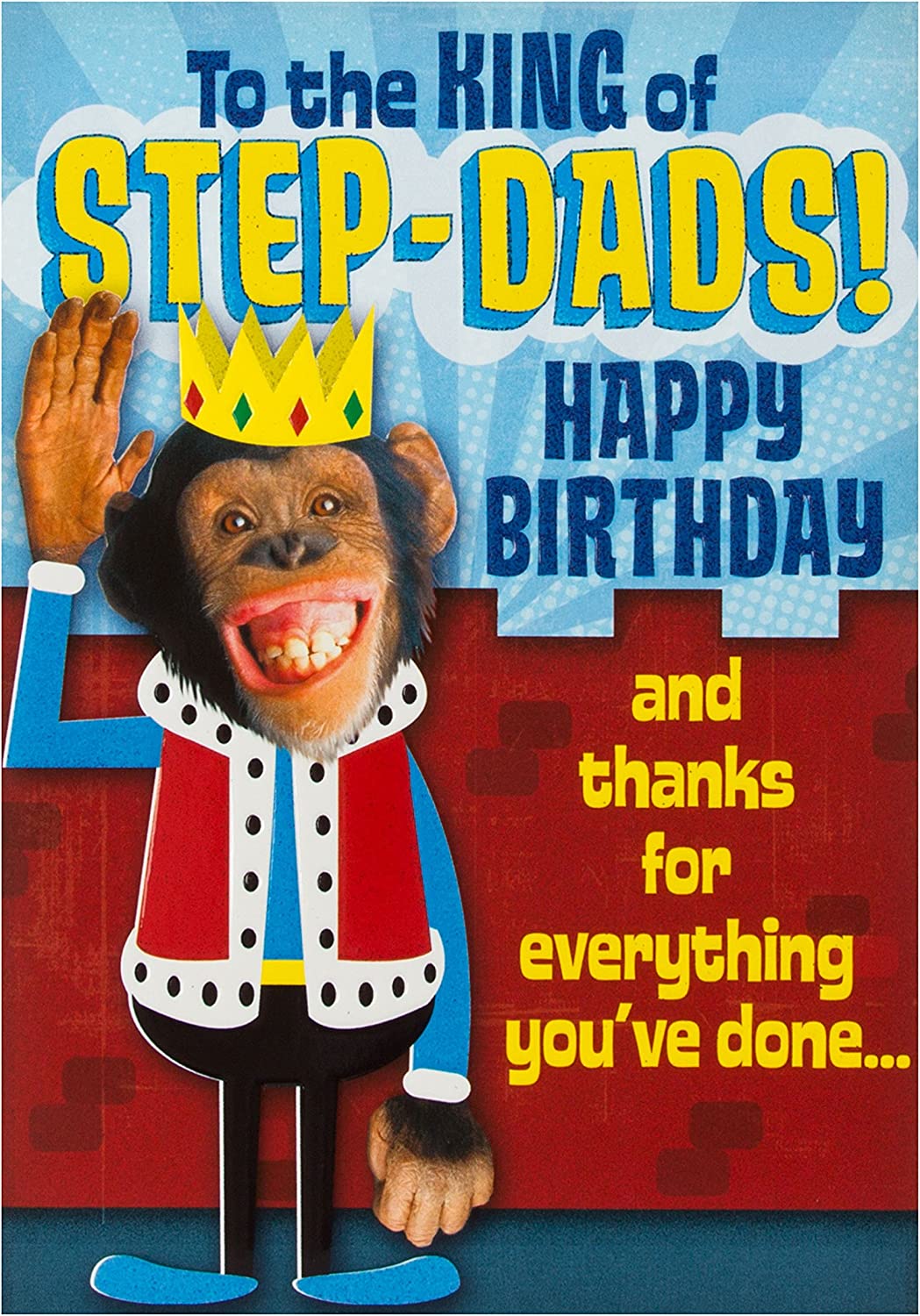 Hallmark birthday greeting card for stepdad, featuring a "King of Step" design with colorful, cheerful artwork for special occasions