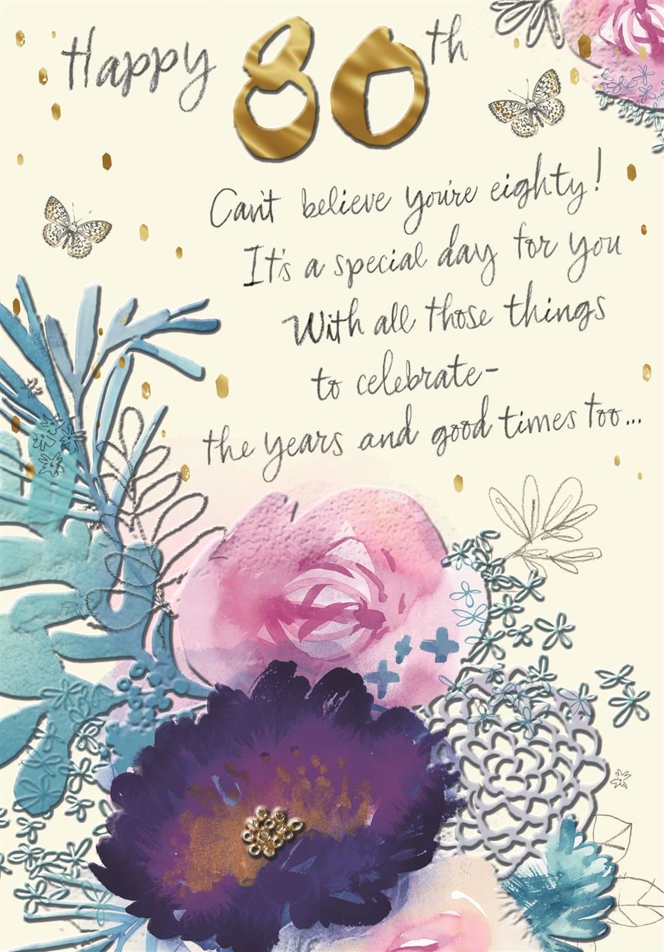 Hallmark floral 80th birthday greeting card with elegant butterfly design and gold text, perfect for celebrating milestone birthdays.