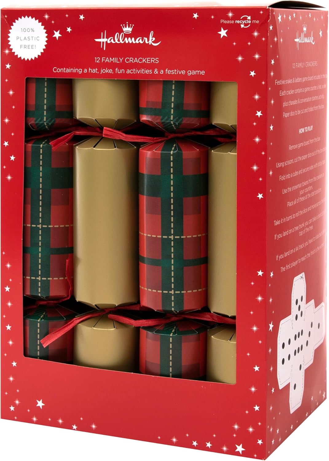 Hallmark Christmas cracker with gold and tartan design, festive holiday party favor with colorful wrapping and decorative details