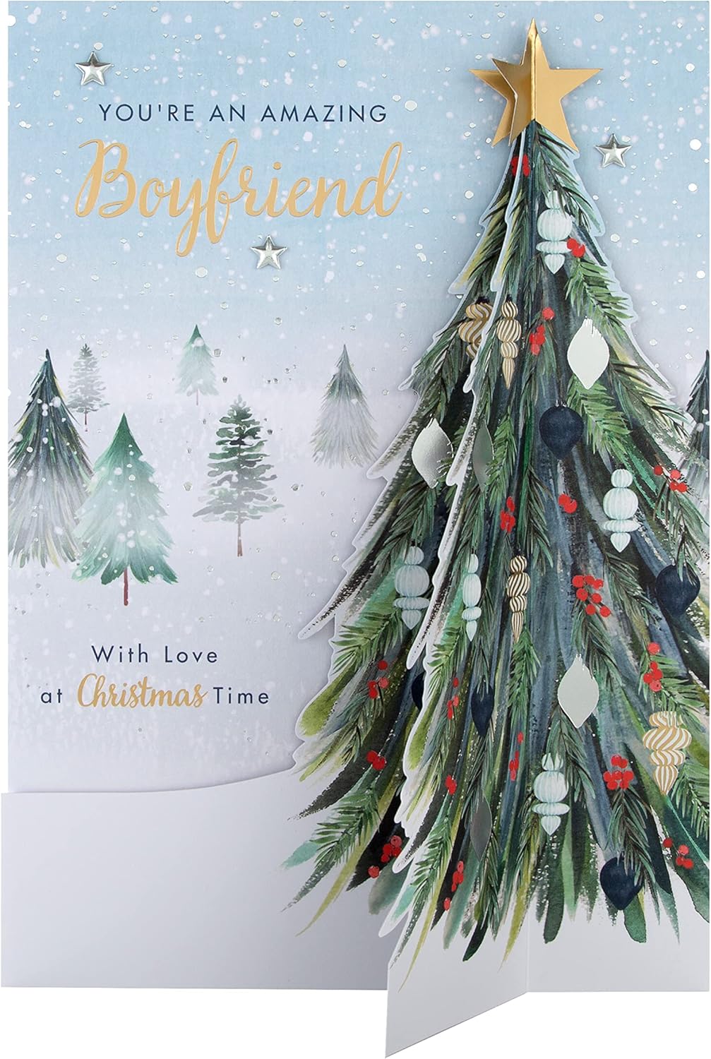 Hallmark boxed Christmas greeting card for boyfriend featuring a classic winter scene with a decorated Christmas tree.