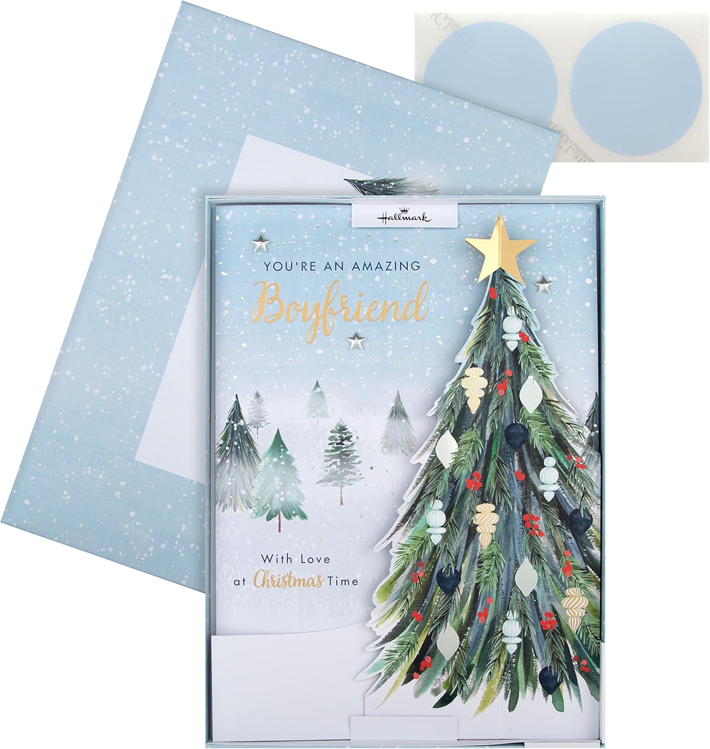Hallmark boxed Christmas greeting card for boyfriend featuring a classic winter scene with a decorated tree design.
