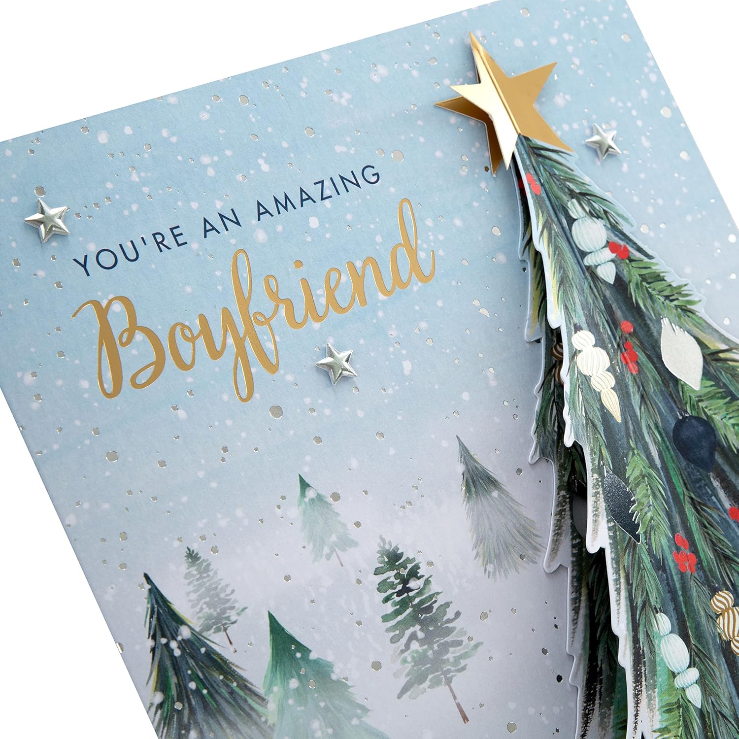Hallmark boxed Christmas greeting card for boyfriend featuring a classic winter scene with a decorated Christmas tree design.