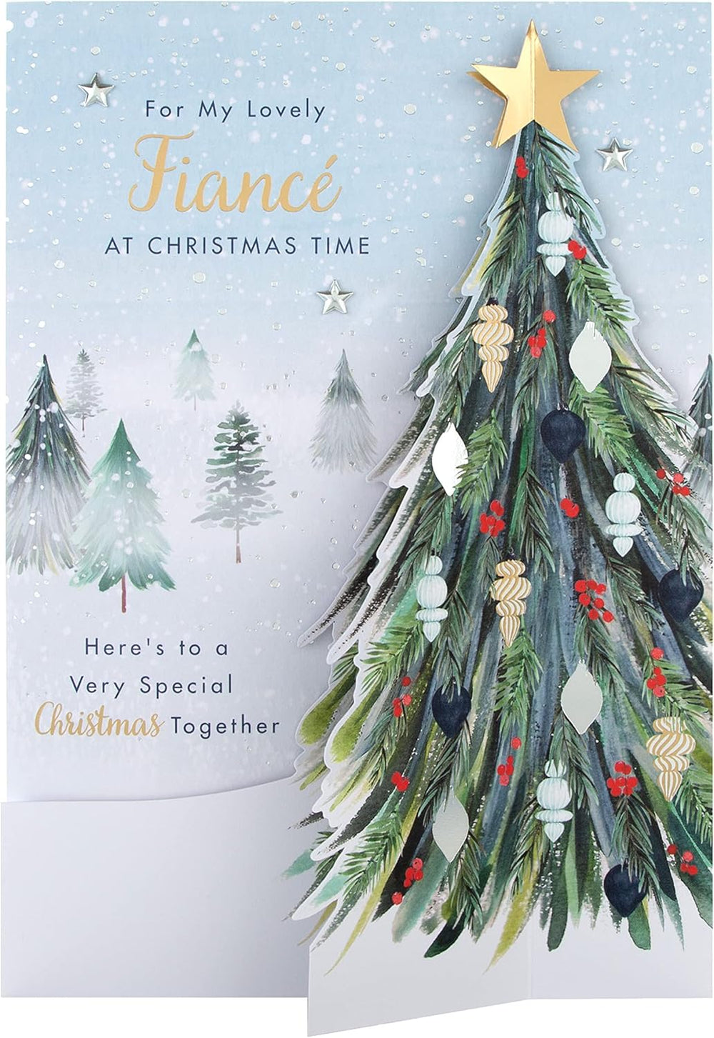 Hallmark boxed Christmas greeting card for fiancé featuring a classic winter scene with a decorated tree design.