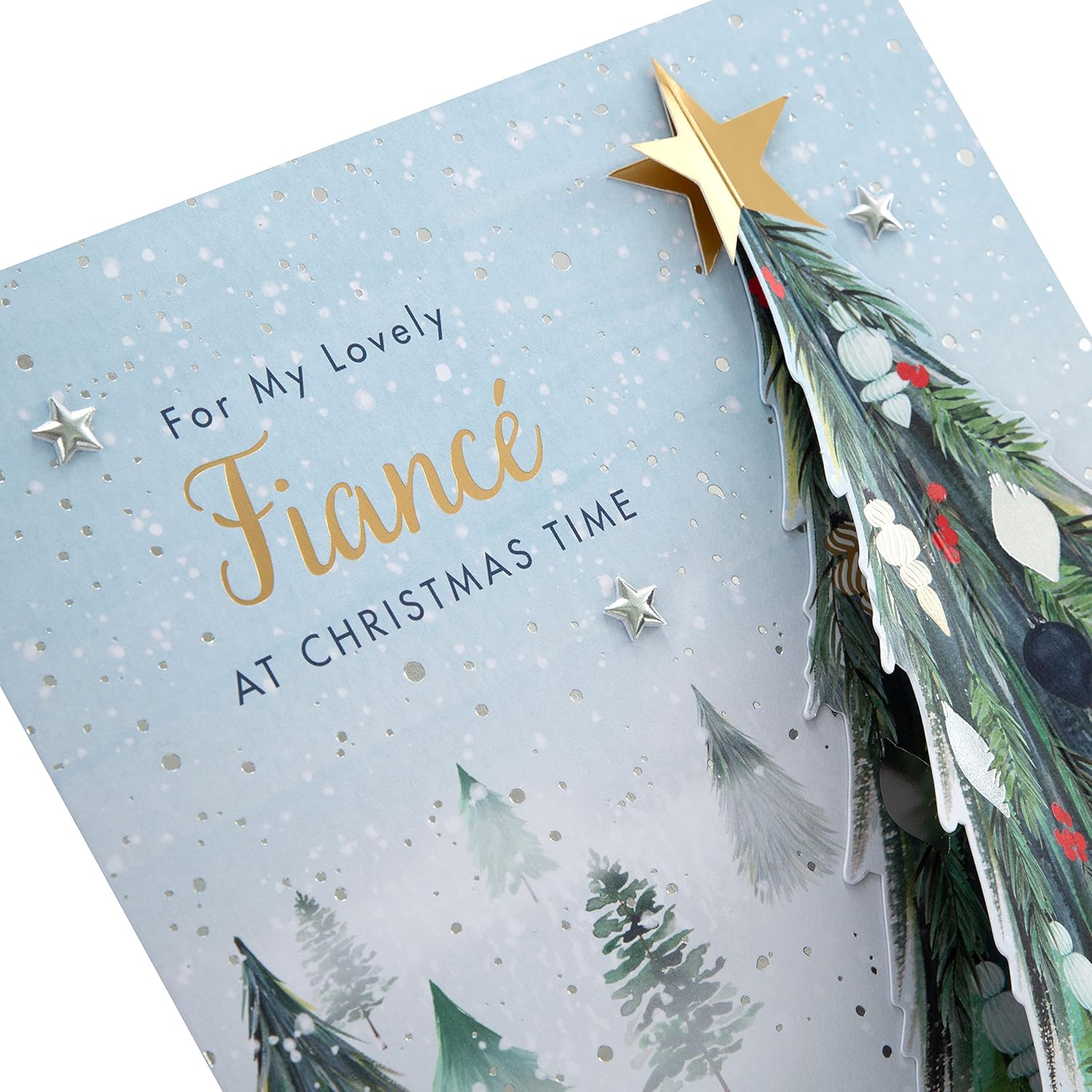 Hallmark boxed Christmas greeting card for fiancé featuring a classic winter scene with a decorated Christmas tree.