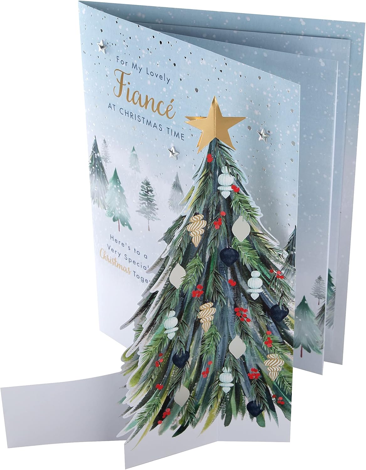 Hallmark boxed Christmas greeting card for fiancé featuring a classic winter scene with a decorated tree design.