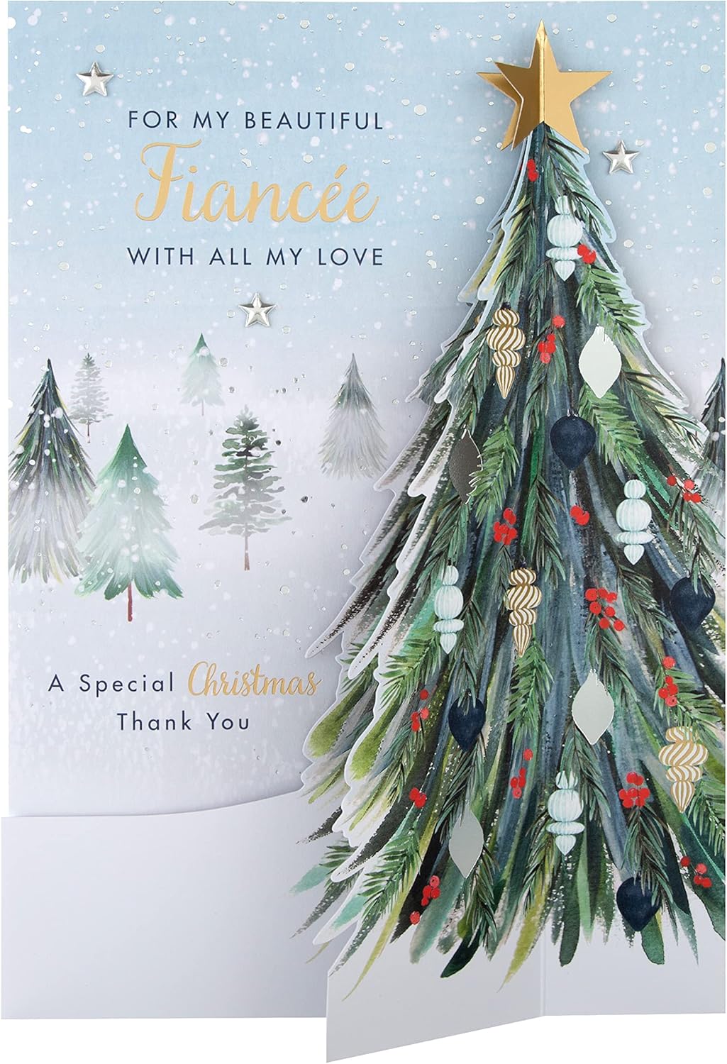 Hallmark boxed Christmas greeting card for fiancée featuring a classic winter scene with a decorated tree design.