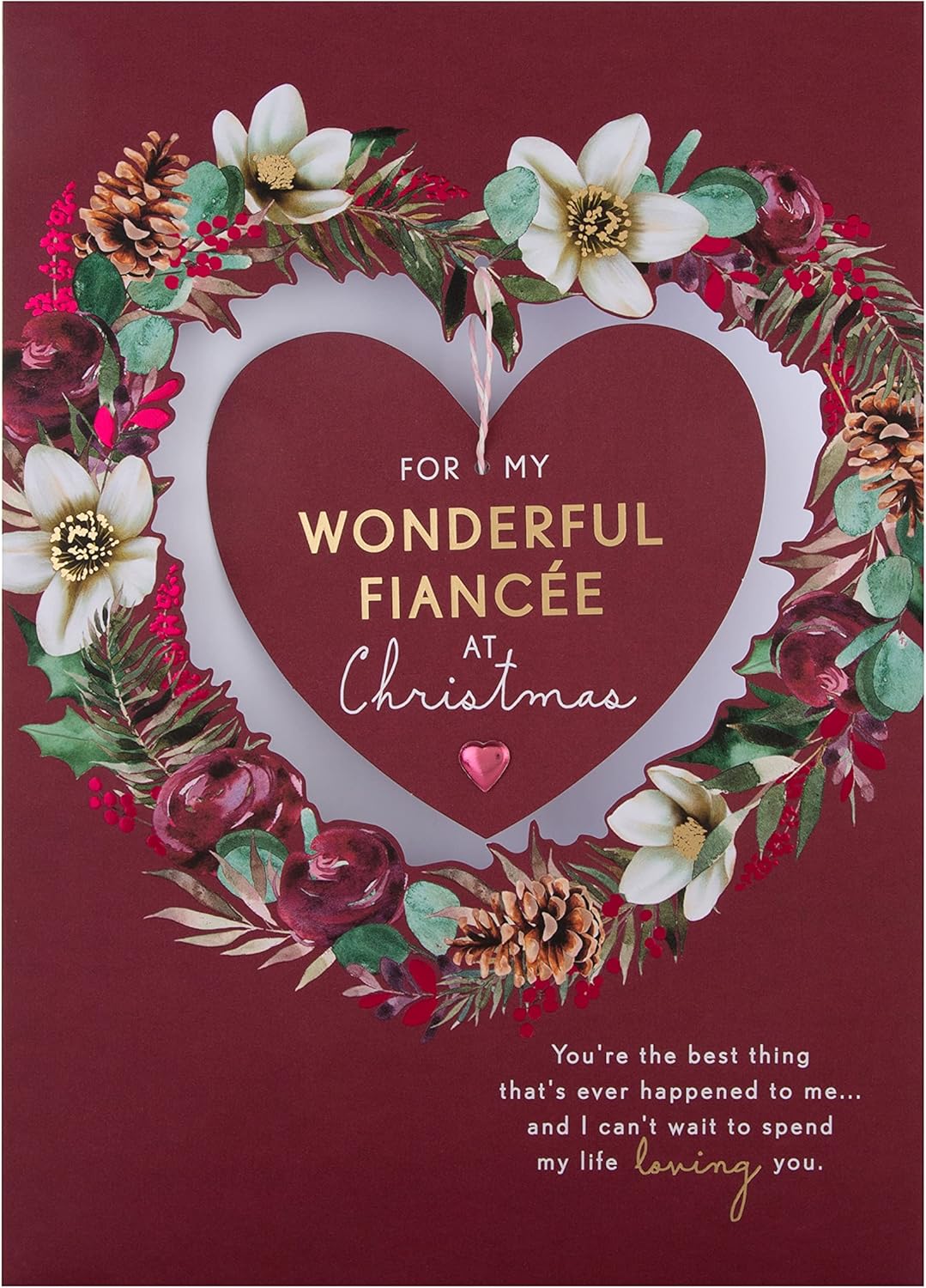 Hallmark boxed Christmas greeting card for fiancée featuring a traditional heart and wreath design, ideal for holiday wishes.