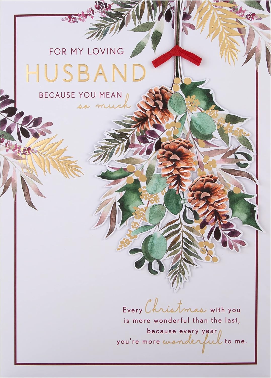 Hallmark boxed Christmas greeting card for husband featuring traditional seasonal foliage design and festive holiday imagery.