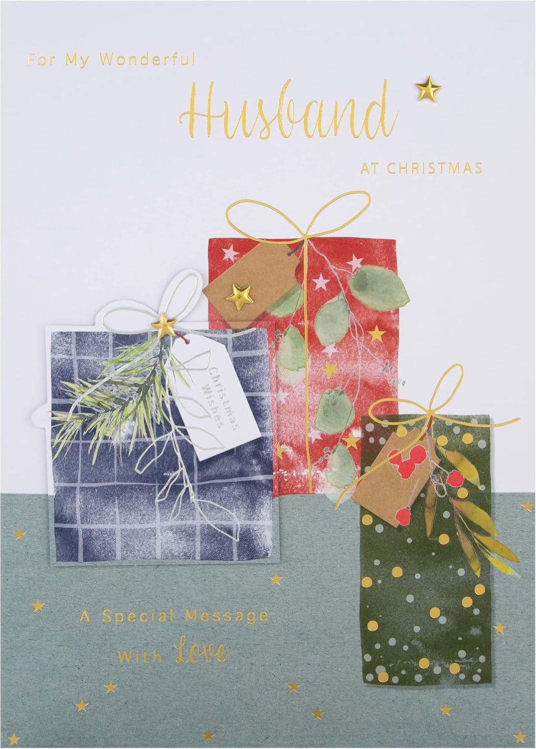 Hallmark boxed Christmas greeting card for husband with traditional wrapped gifts design and festive holiday imagery.