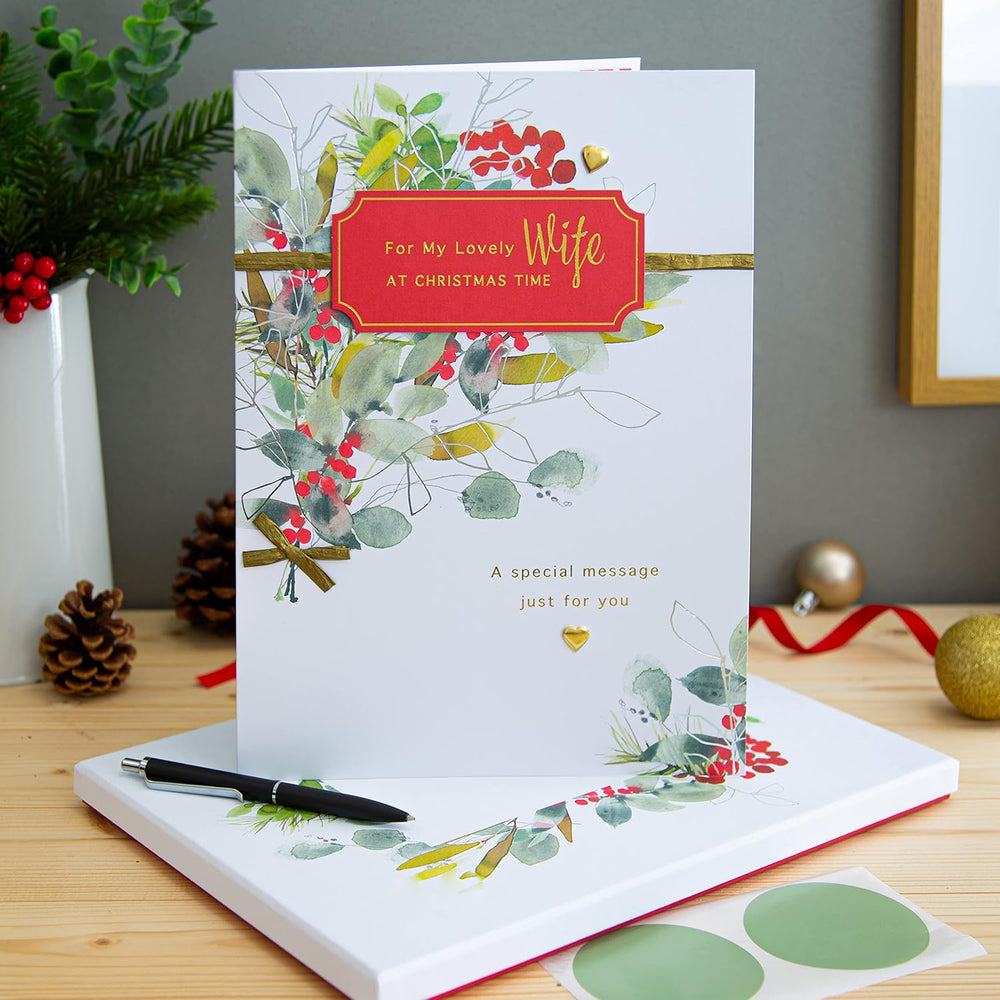 Hallmark boxed Christmas greeting card for wife with classic seasonal foliage design, featuring festive holiday imagery.