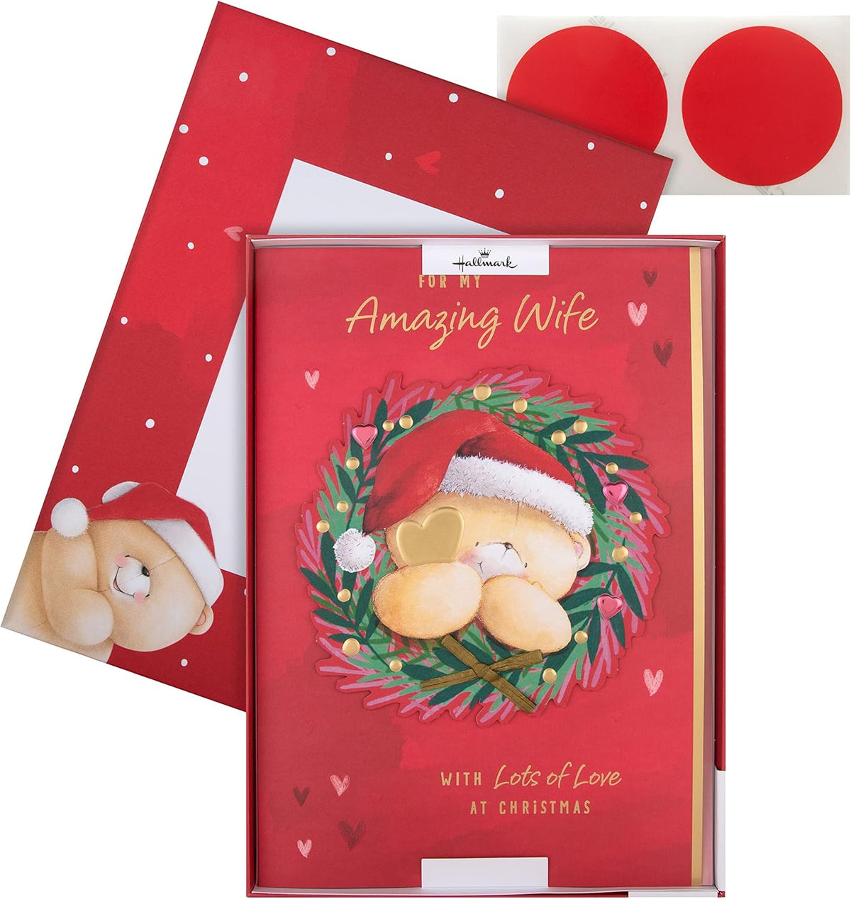 Hallmark Forever Friends Wife Christmas Card featuring a bear in a wreath design in a boxed greeting card style.