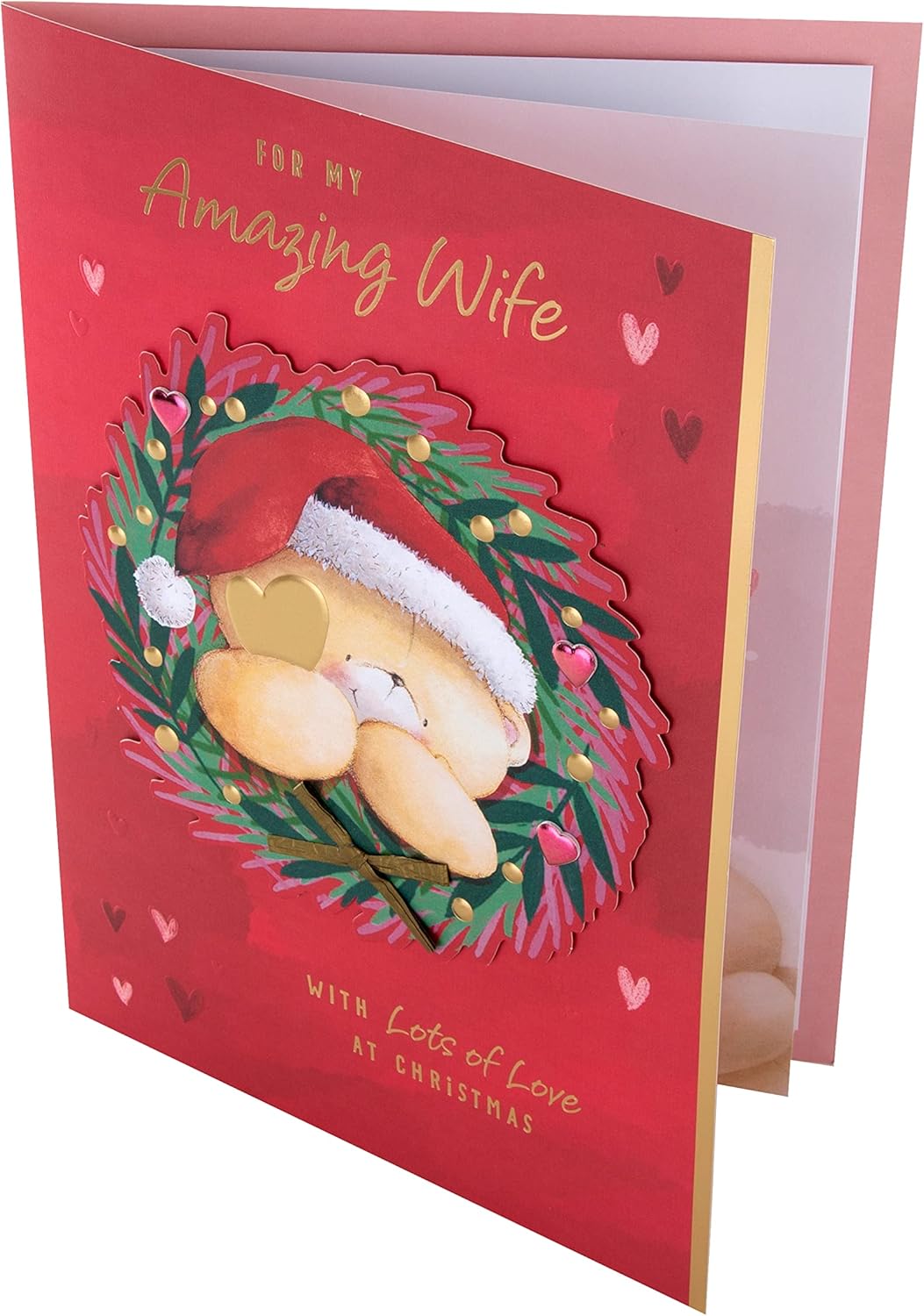 Hallmark Forever Friends Wife Christmas Card featuring a bear in a wreath with boxed festive design and holiday greeting.