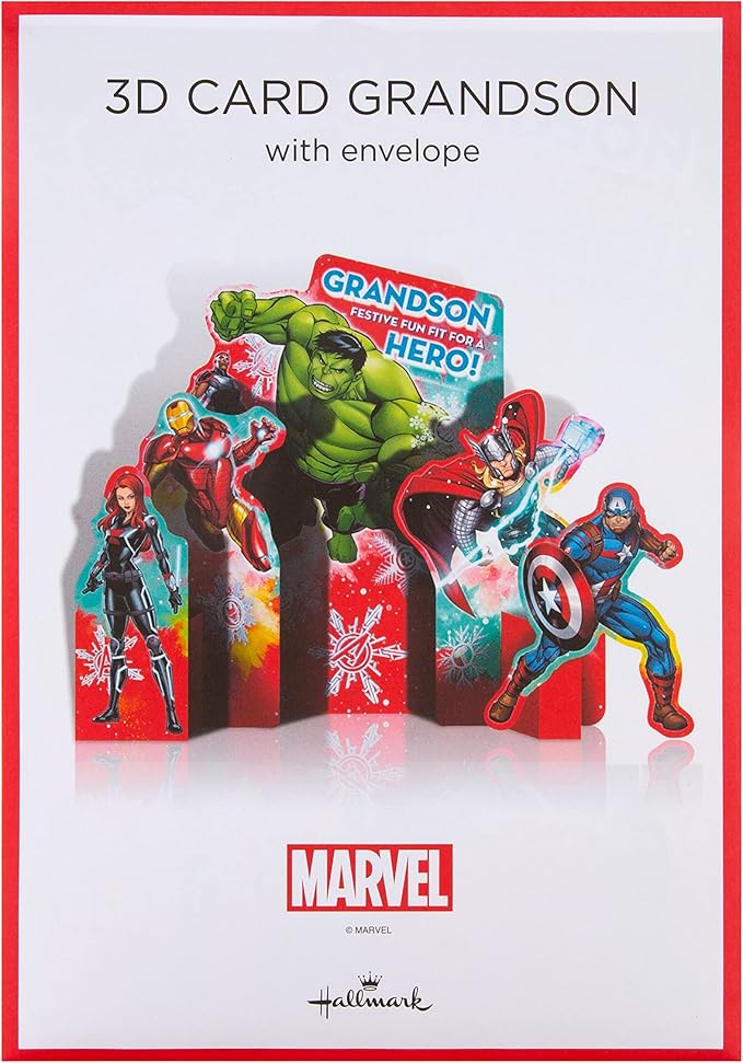 Hallmark Marvel Avengers Christmas greeting card featuring a 3D pop-up design with festive holiday scene for grandsons.
