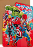 Hallmark Marvel Avengers Christmas greeting card featuring a 3D pop-up design with festive holiday imagery for grandsons.