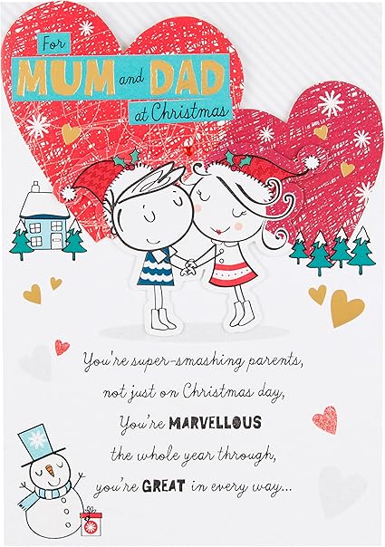 Hallmark Christmas greeting card for Mum and Dad featuring festive design and heartfelt message, open to display inside.