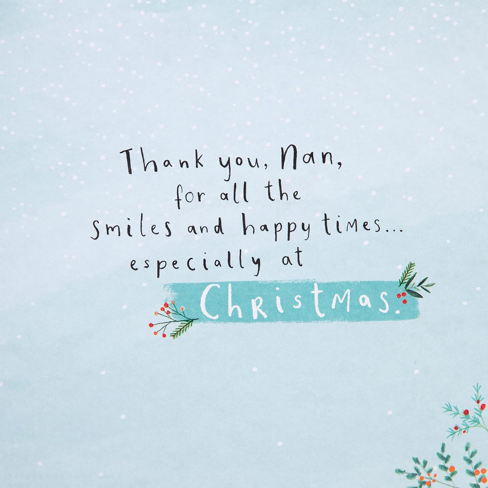 Hallmark Nan Christmas greeting card with festive design and heartfelt wishes, featuring holiday-themed illustrations on the front.