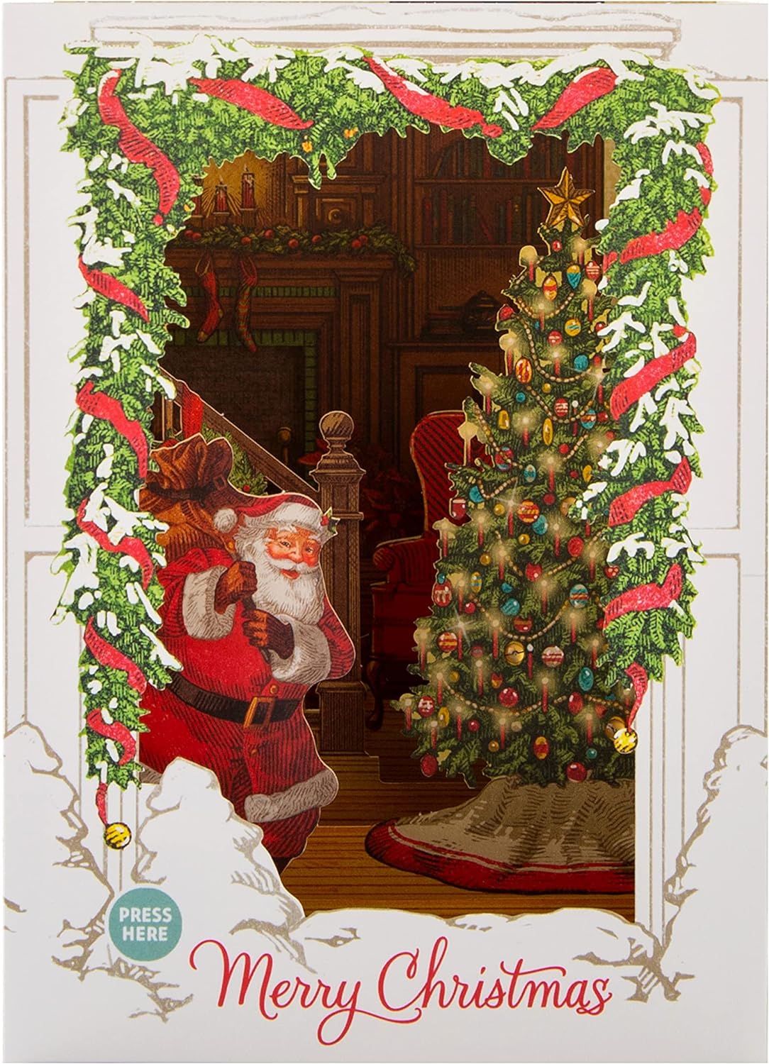 Hallmark pop-up musical Christmas greeting card with a light-up festive spirit design, featuring holiday-themed illustrations inside