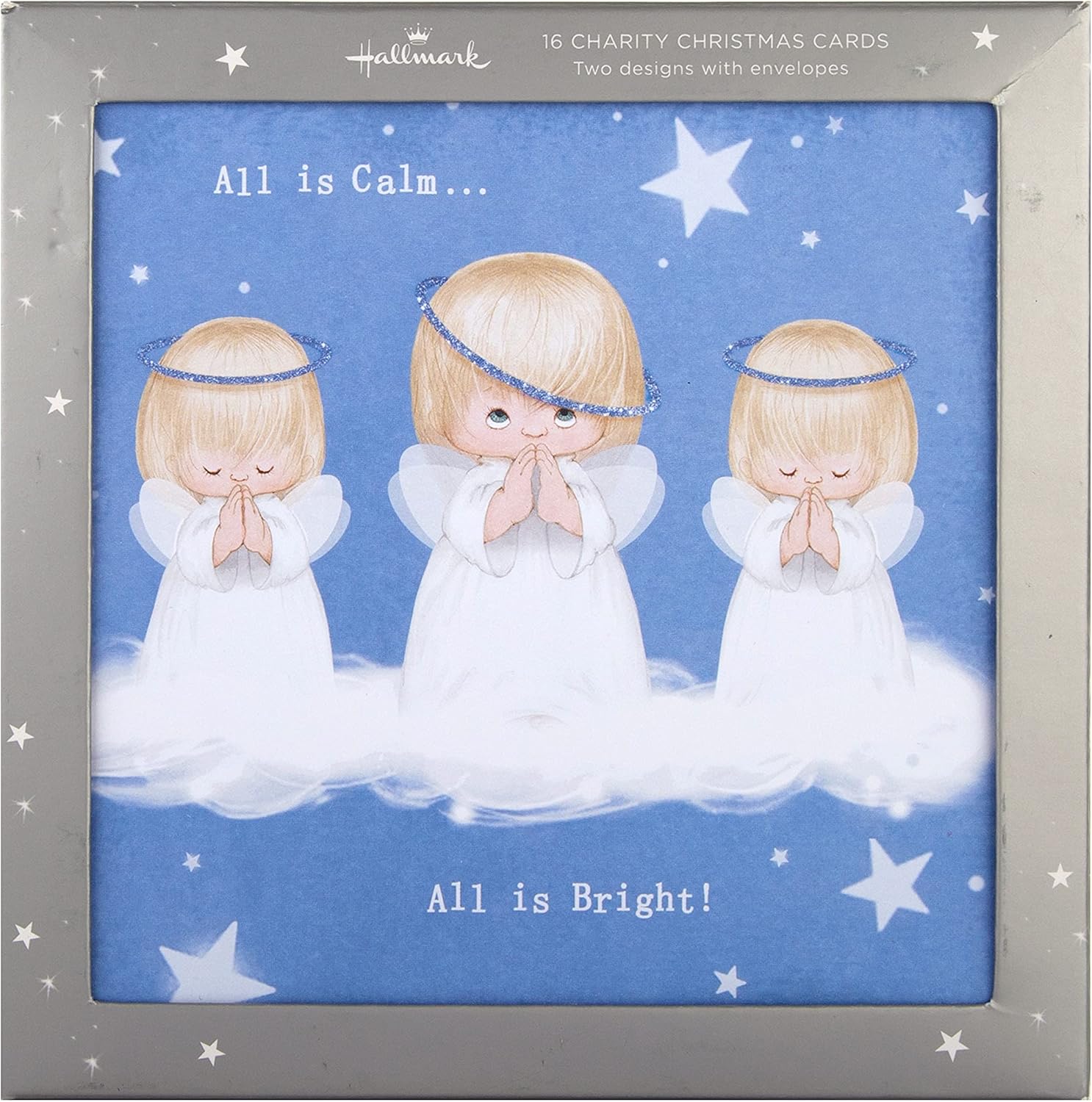 Hallmark pack of 16 Christmas greeting cards featuring cute retro angel designs, ideal for holiday sending.