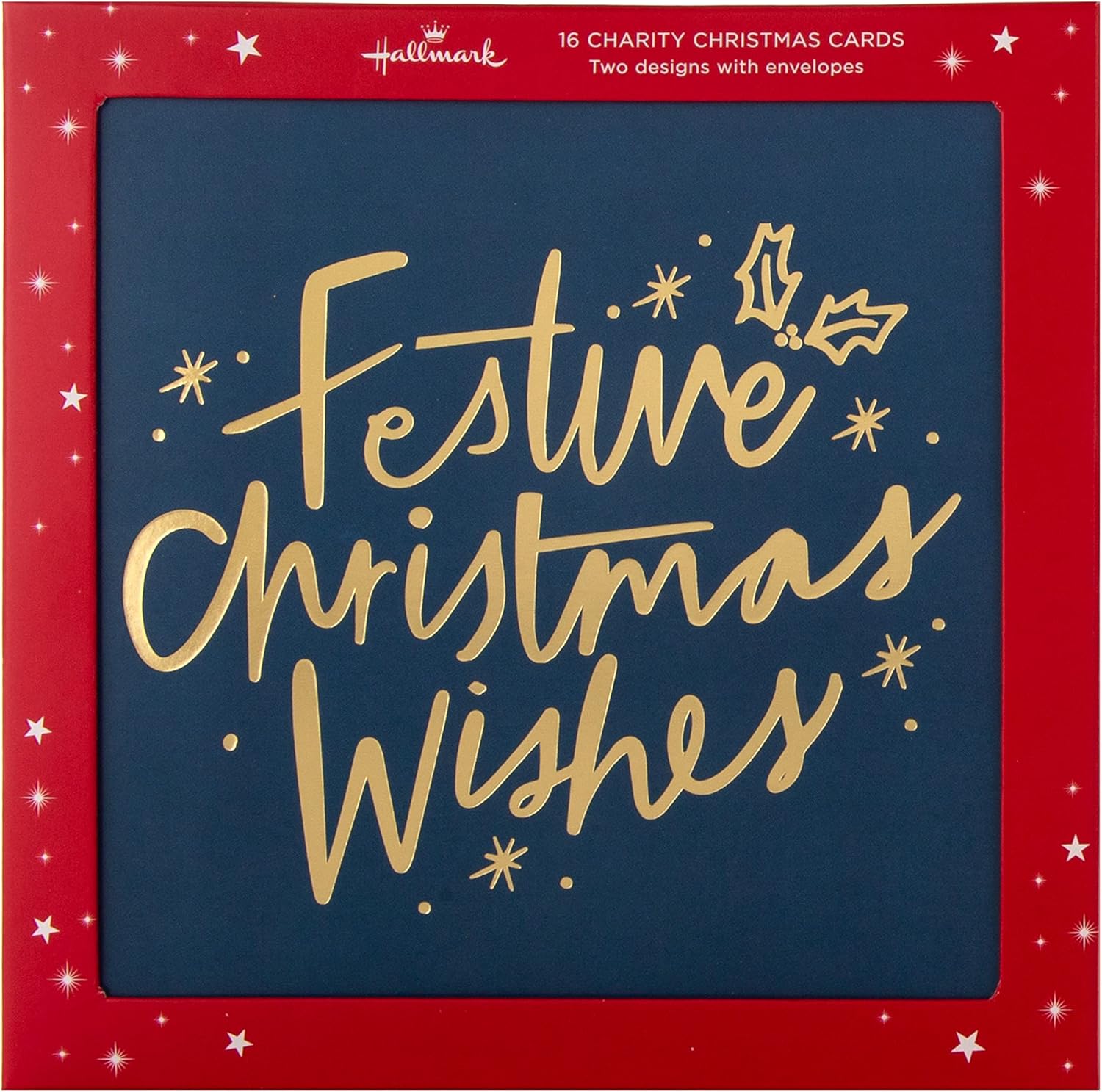 Hallmark Christmas greeting card multipack with 16 gold, red, and blue cards featuring text-based designs in 2 styles.