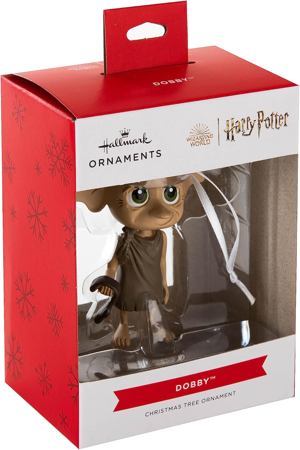 Hallmark Harry Potter Dobby the Elf Christmas ornament hanging on a tree, detailed holiday decoration featuring Dobby from Harry Potter.