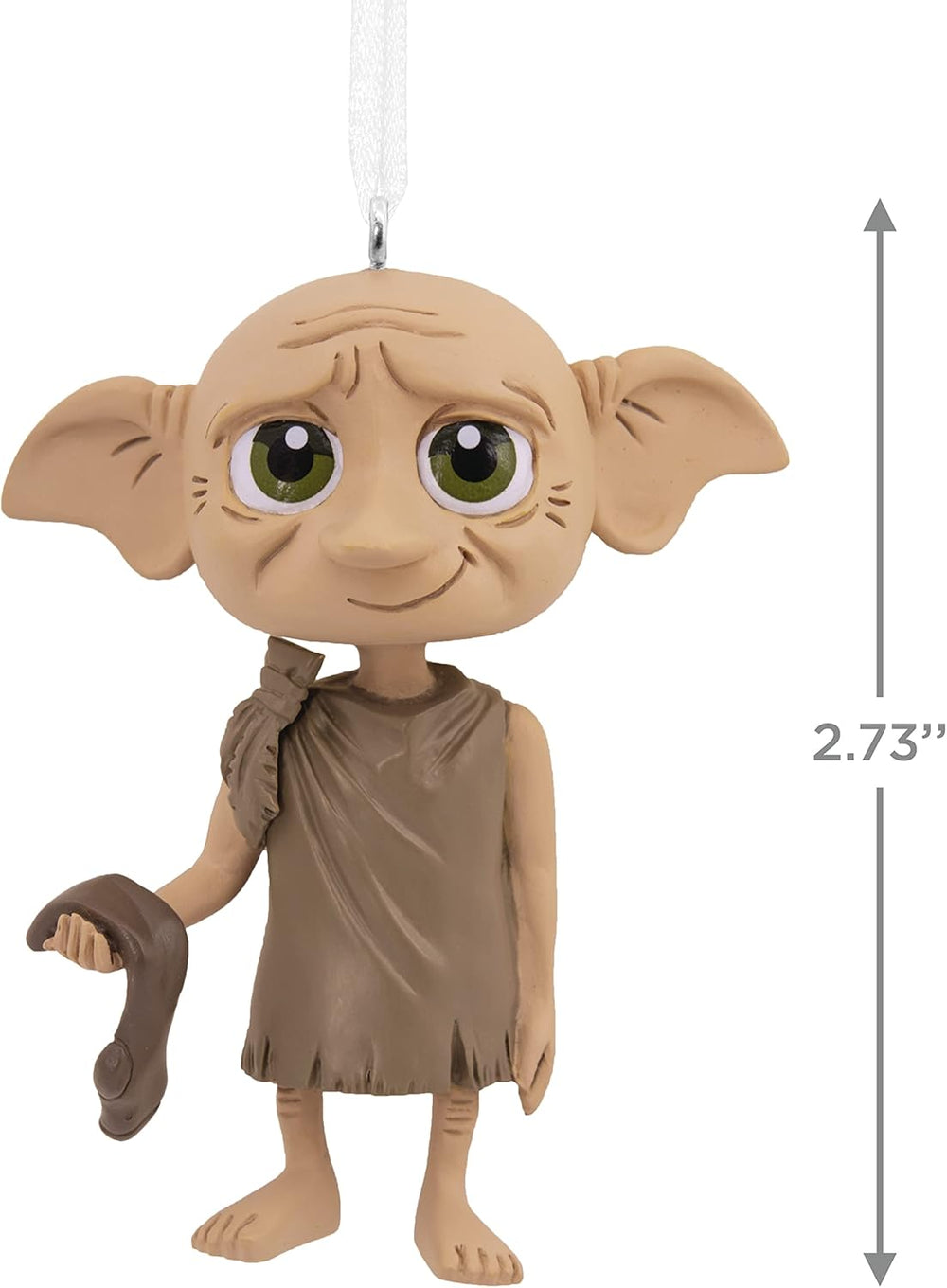 Hallmark Harry Potter Dobby the Elf Christmas ornament hanging on a tree, detailed Dobby figure as a festive holiday decoration
