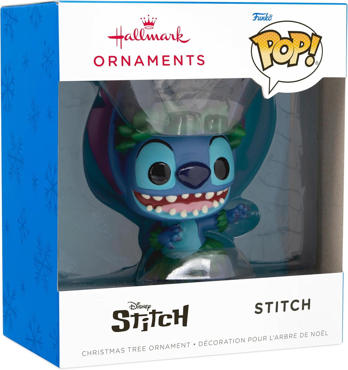 Hallmark Disney Lilo & Stitch Stitch Funko Pop! Christmas ornament hanging on a decorated tree.