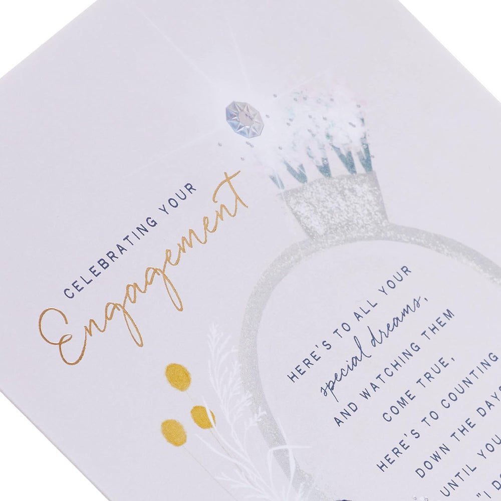 Hallmark contemporary engagement card with embossed floral illustration and illustrated design on white cardstock.