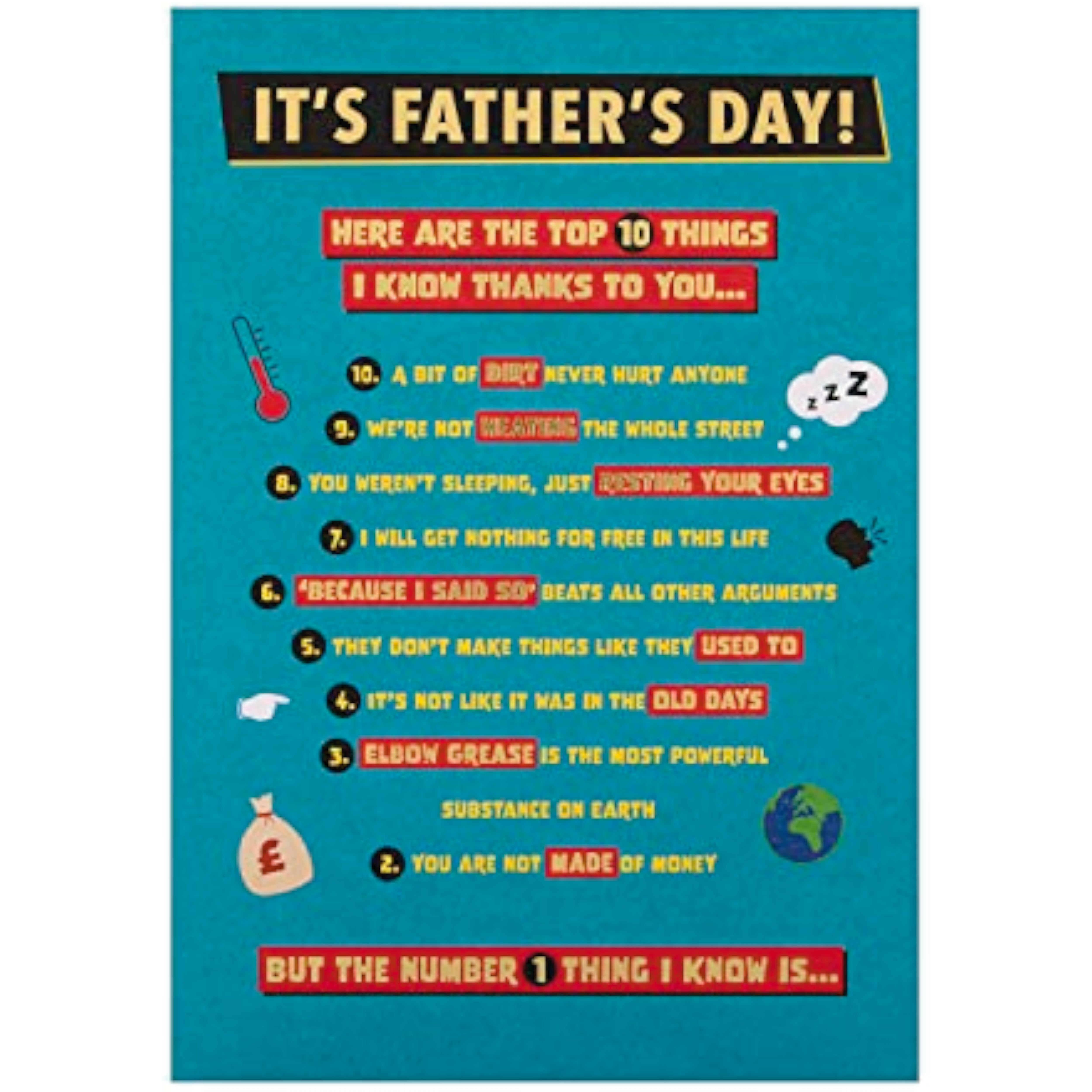 Funny Hallmark Father's Day Card featuring a 'Top 10 Things' design, perfect for celebrating dad with humor and love.
