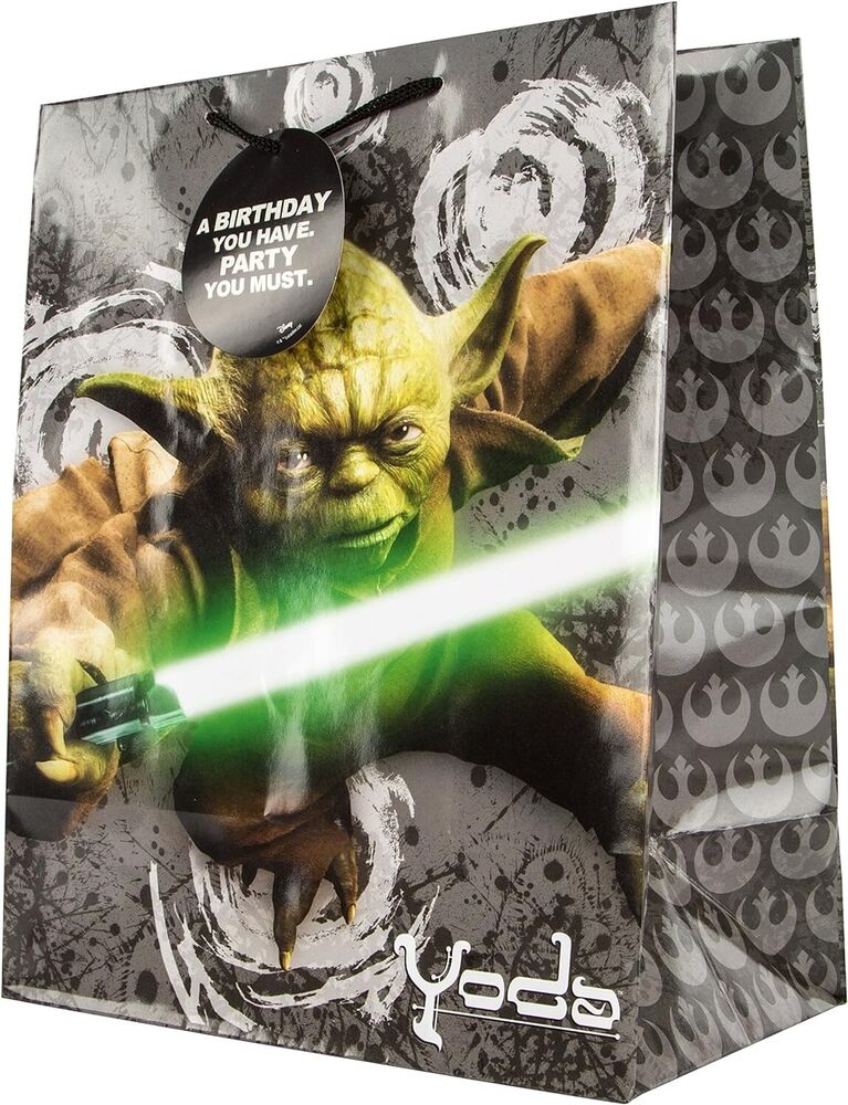 Large Hallmark Star Wars Yoda gift bag with Yoda's face and green design, perfect for Star Wars-themed presents.