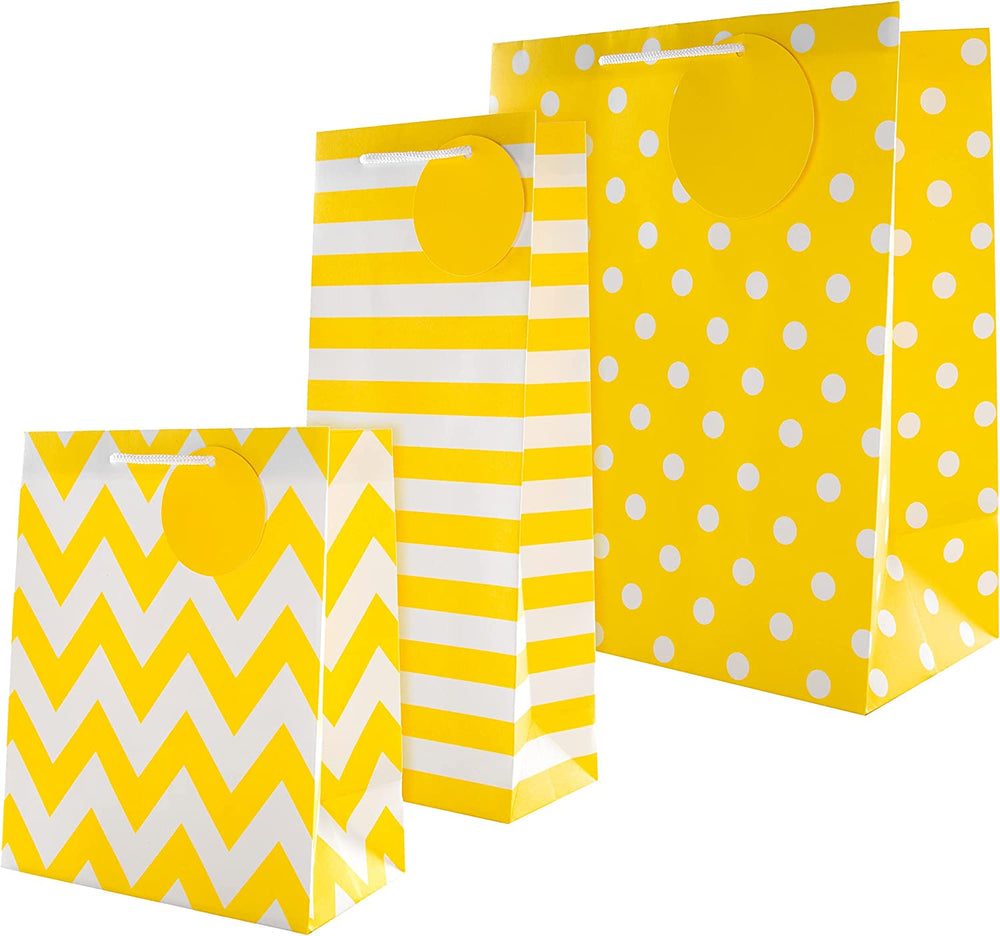 Hallmark multi-occasion gift bag and bottle bag bundle with large, medium, and bottle-sized bags in yellow and white designs.