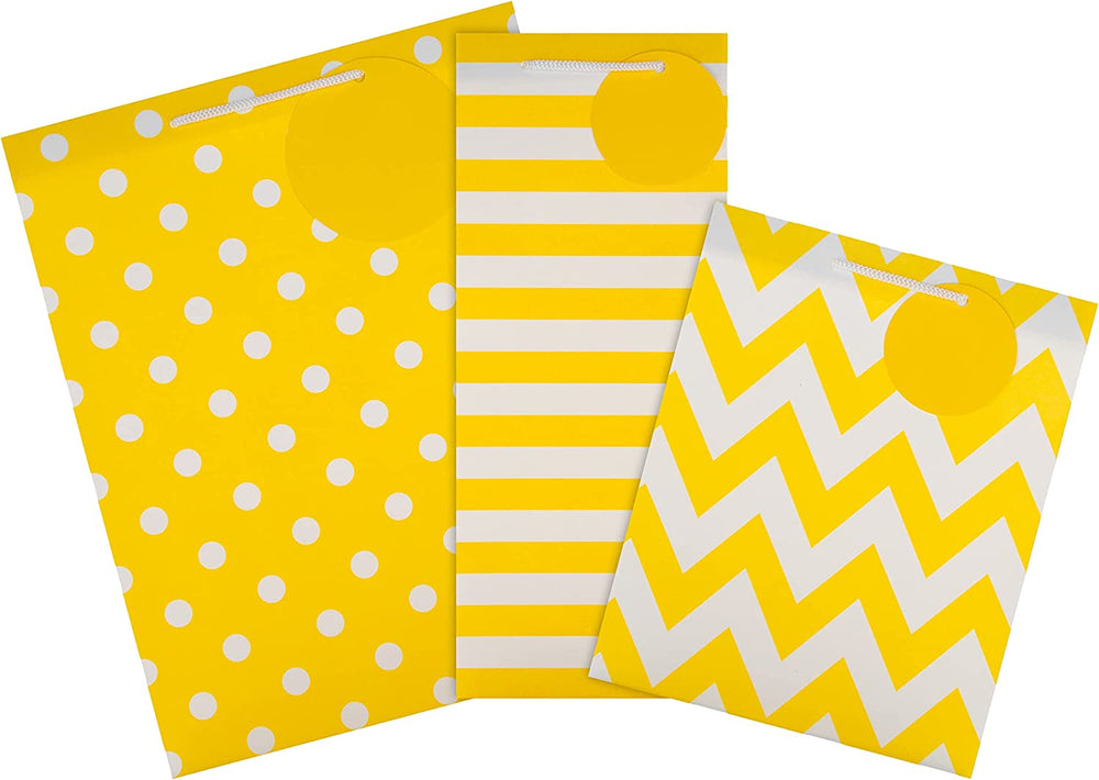 Hallmark multi-occasion gift bag and bottle bag bundle with three yellow and white gift bags in large, medium, and bottle sizes.
