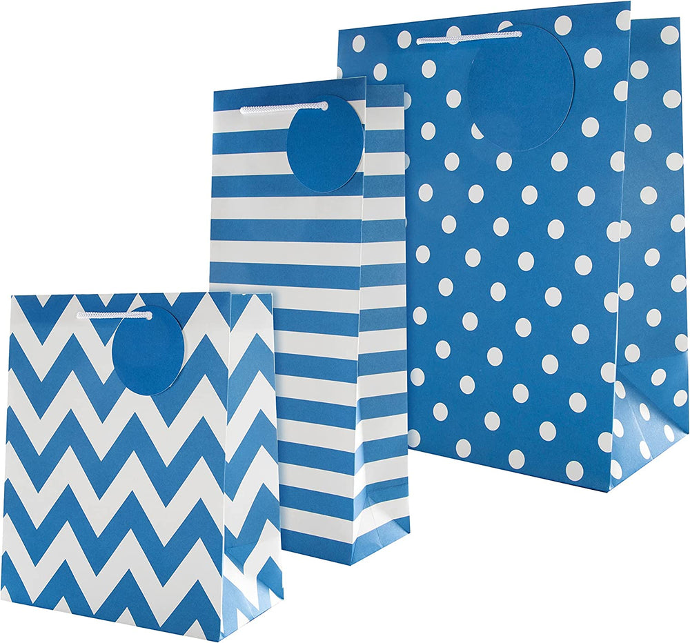 Hallmark multi-occasion gift bag bundle with three essential-sized blue gift bags featuring contemporary designs.