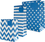 Hallmark multi-occasion gift bag bundle with three essential-sized blue gift bags featuring contemporary designs.