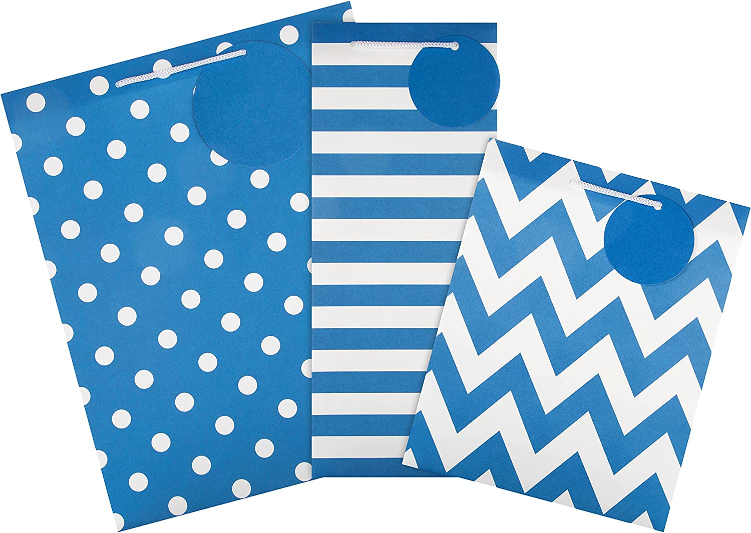 Hallmark multi-occasion gift bag bundle with three blue decorative gift bags in various sizes, suitable for celebrations.