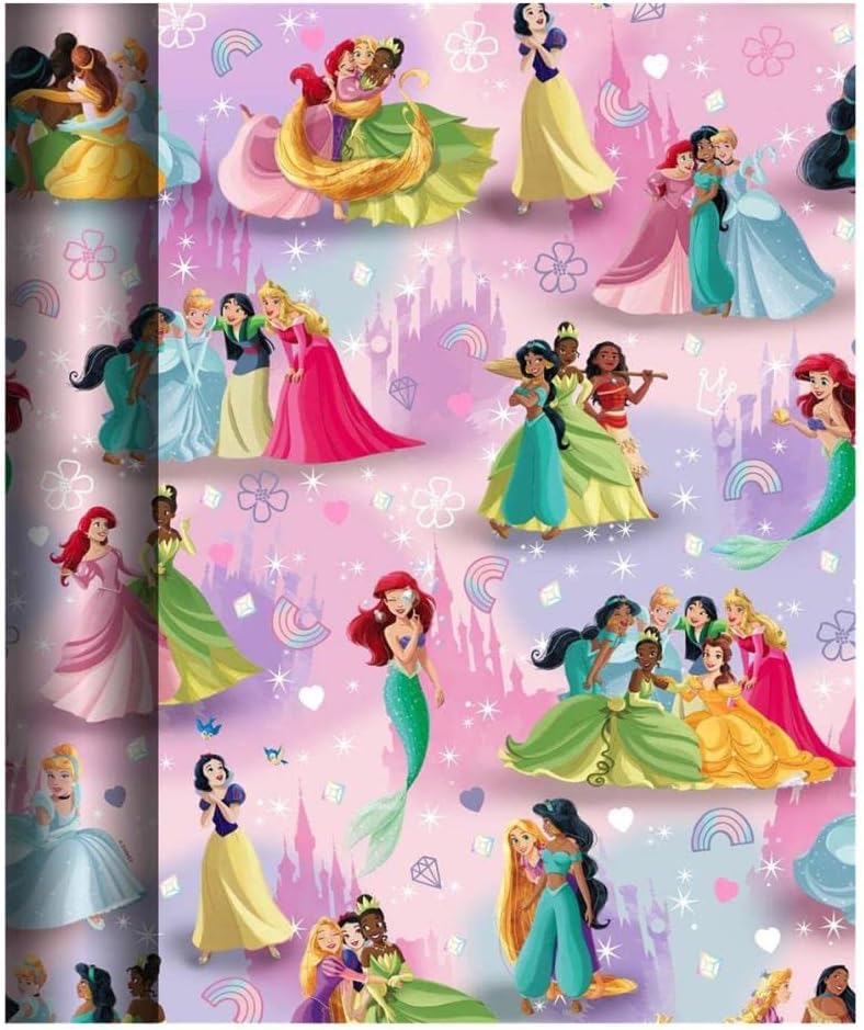 Hallmark Disney Princess gift wrapping paper roll, 2 meters long, featuring colorful princess designs for gift packaging.